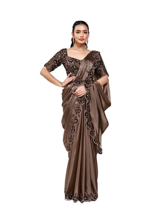 Brown Crepe Satin Silk Ready to Wear Saree with Stitched Blouse KK14