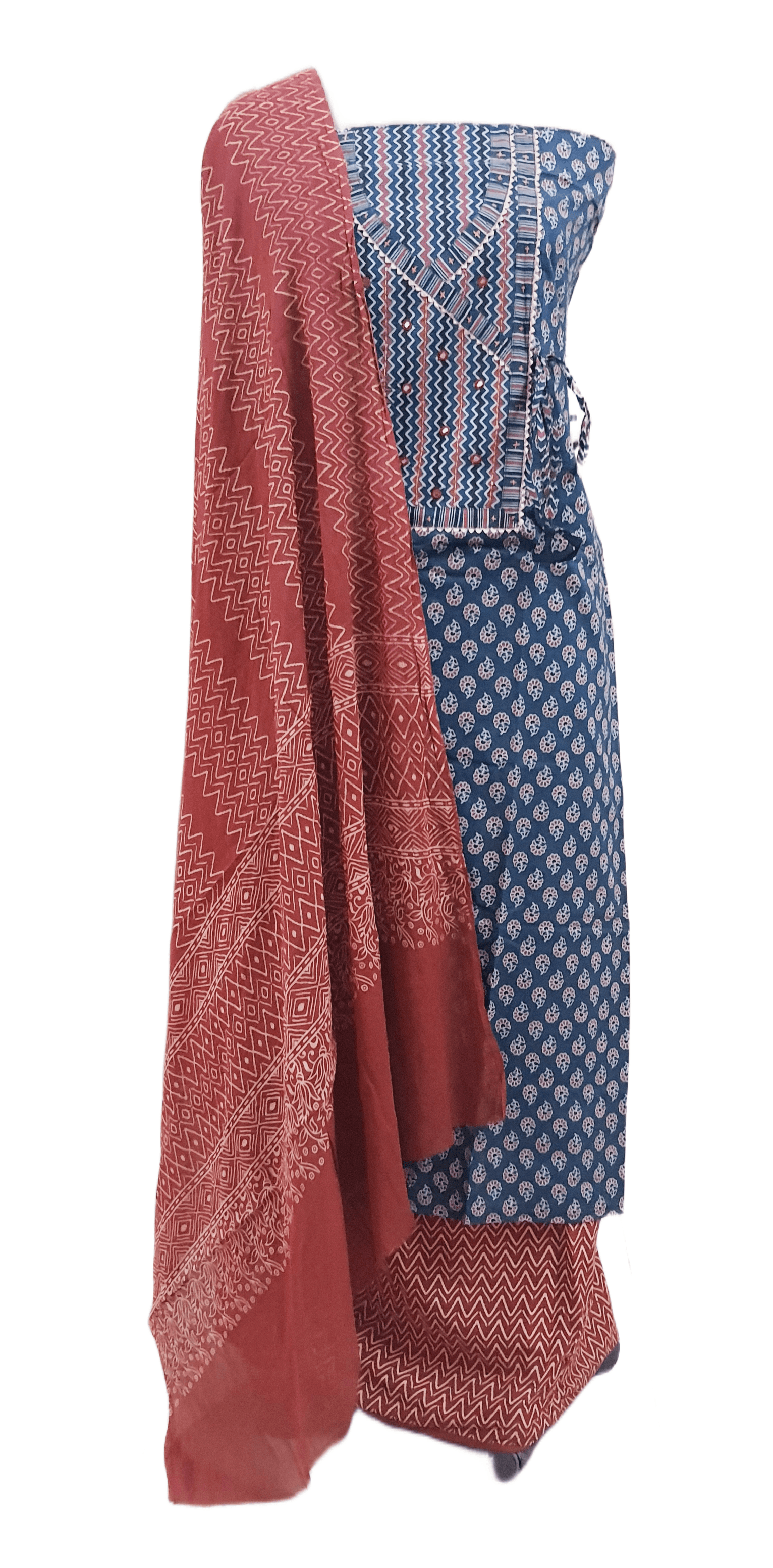 Indigo Blue Jaipuri Printed Angrakha Style Cotton Suit EV06 - Ethnic's By Anvi Creations