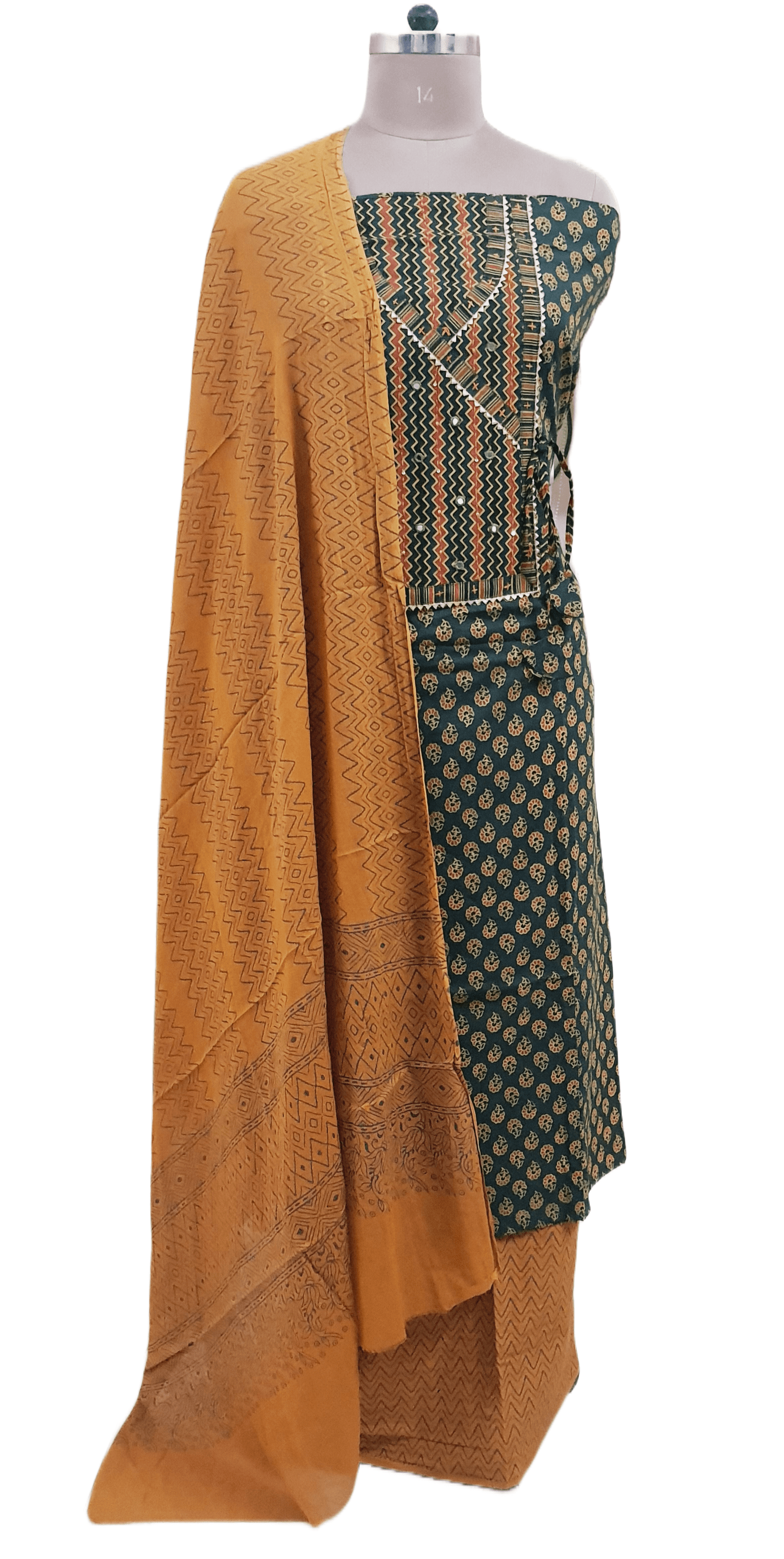 Green Jaipuri Printed Angrakha Style Cotton Suit EV07