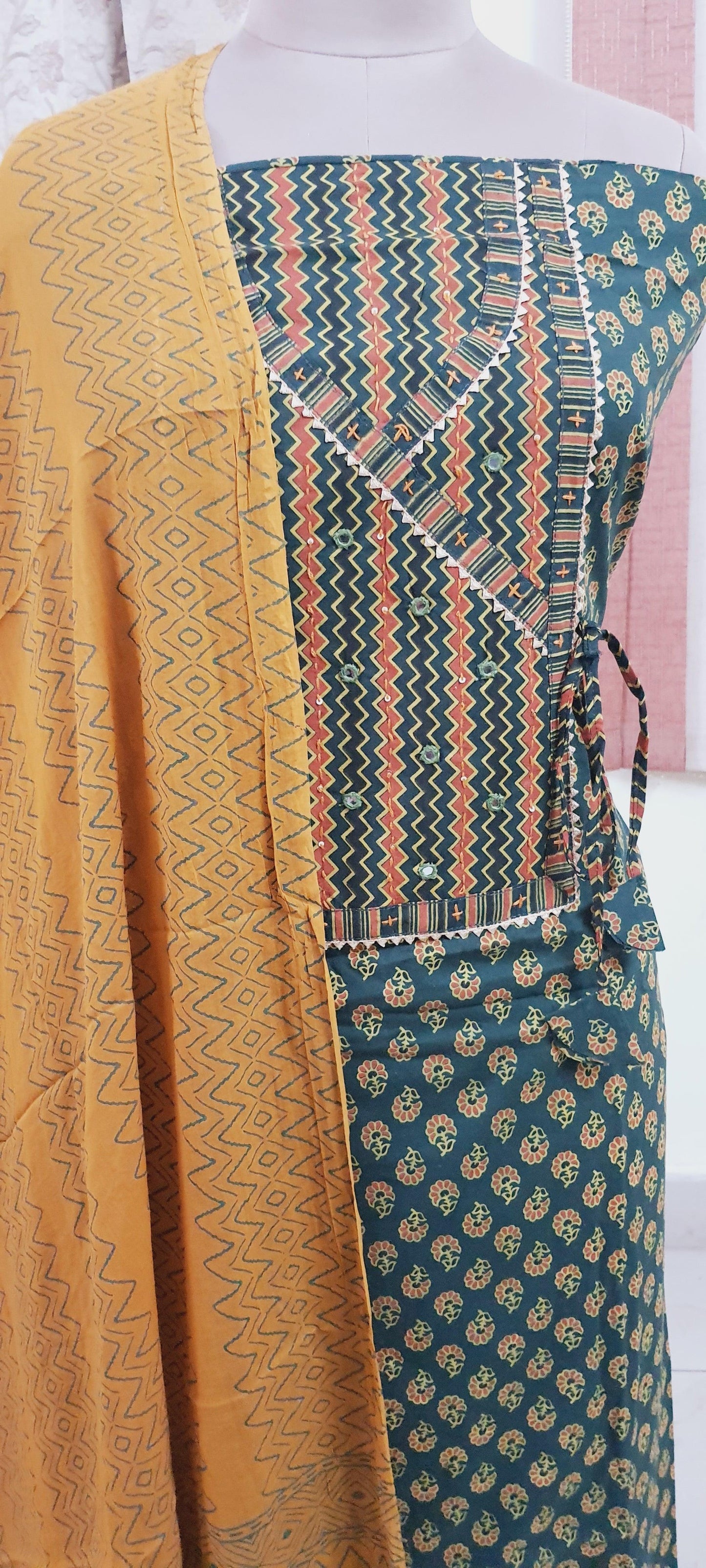 Green Jaipuri Printed Angrakha Style Cotton Suit EV07 - Ethnic's By Anvi Creations