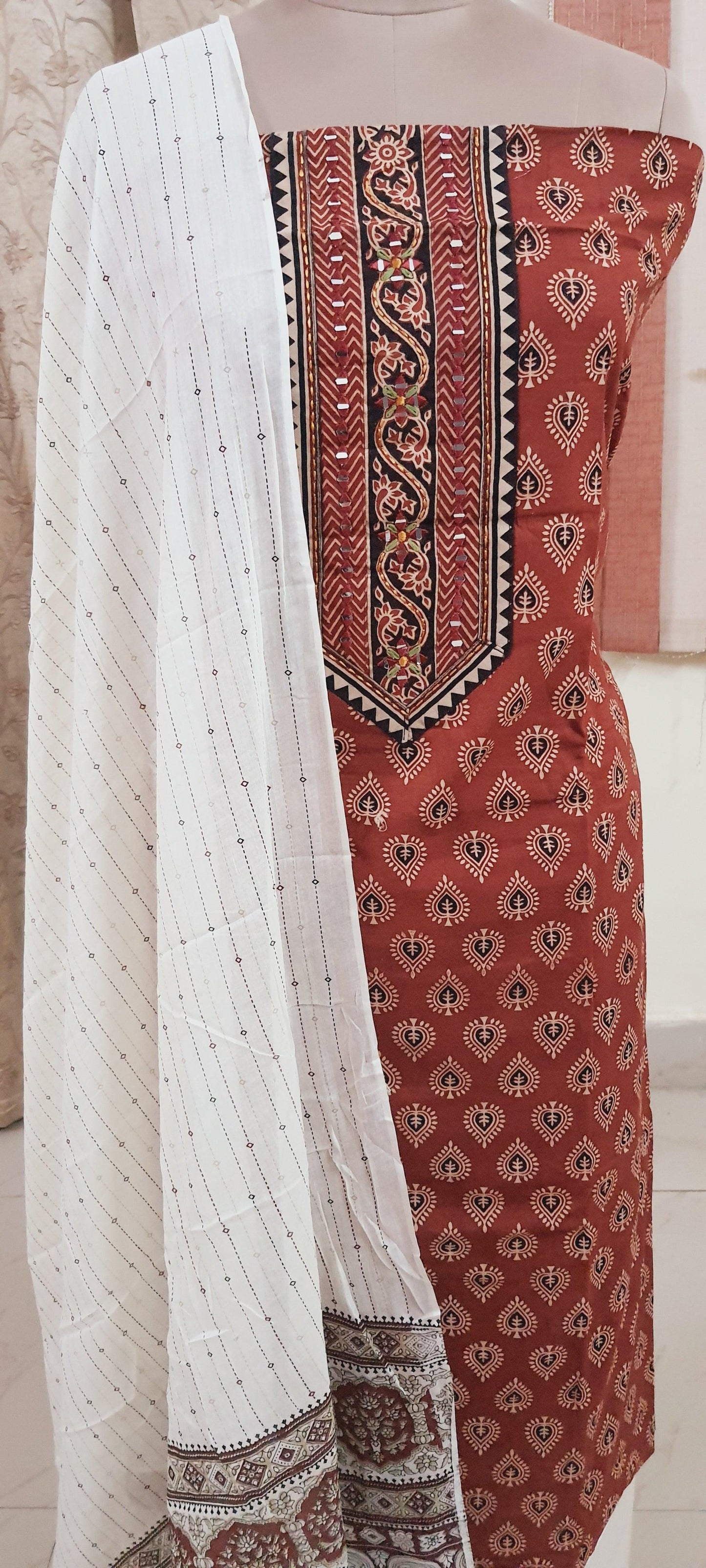 Rust Maroon Jaipuri Printed Ajrakh Style Cotton Suit EV09 - Ethnic's By Anvi Creations