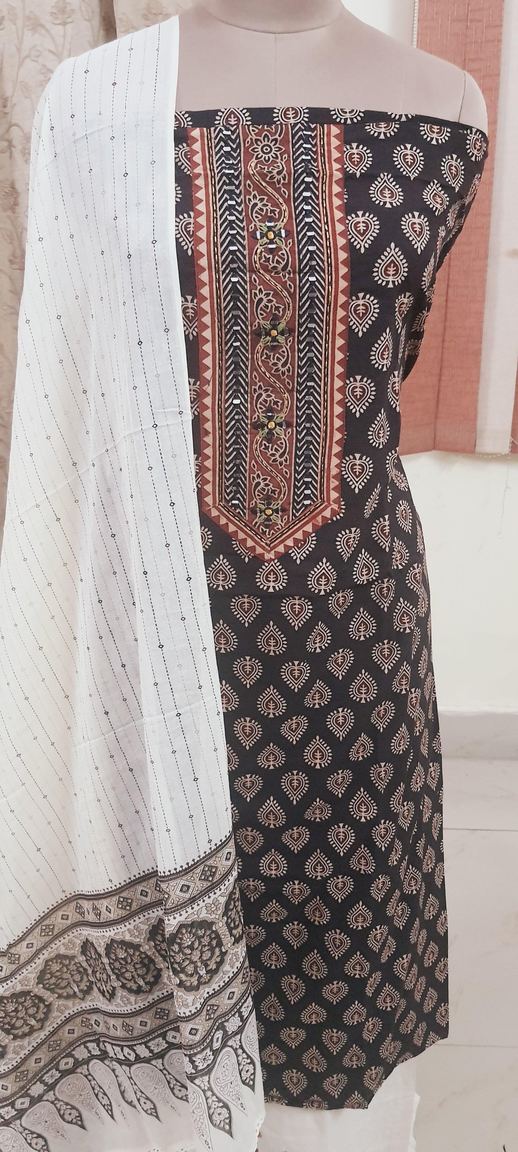 Black Jaipuri Printed Ajrakh Style Cotton Suit EV10 - Ethnic's By Anvi Creations