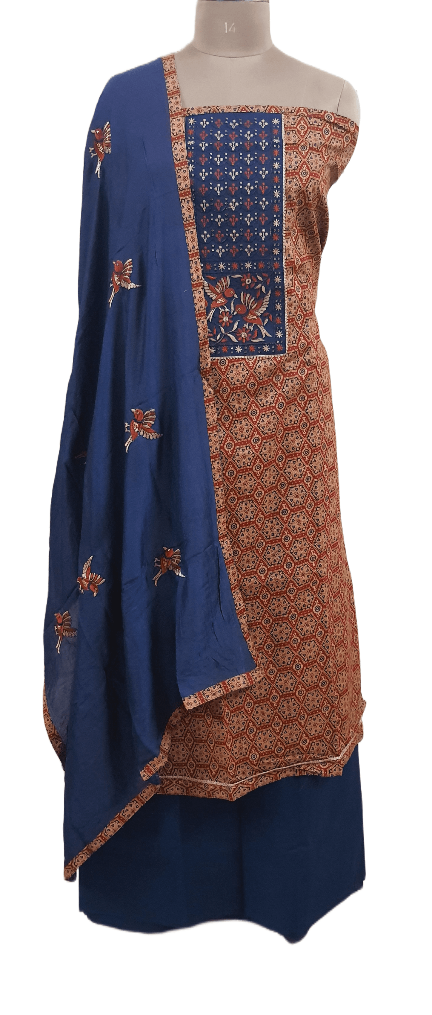 Ajrakh Printed Cotton Suit with Embroidered Dupatta EV15
