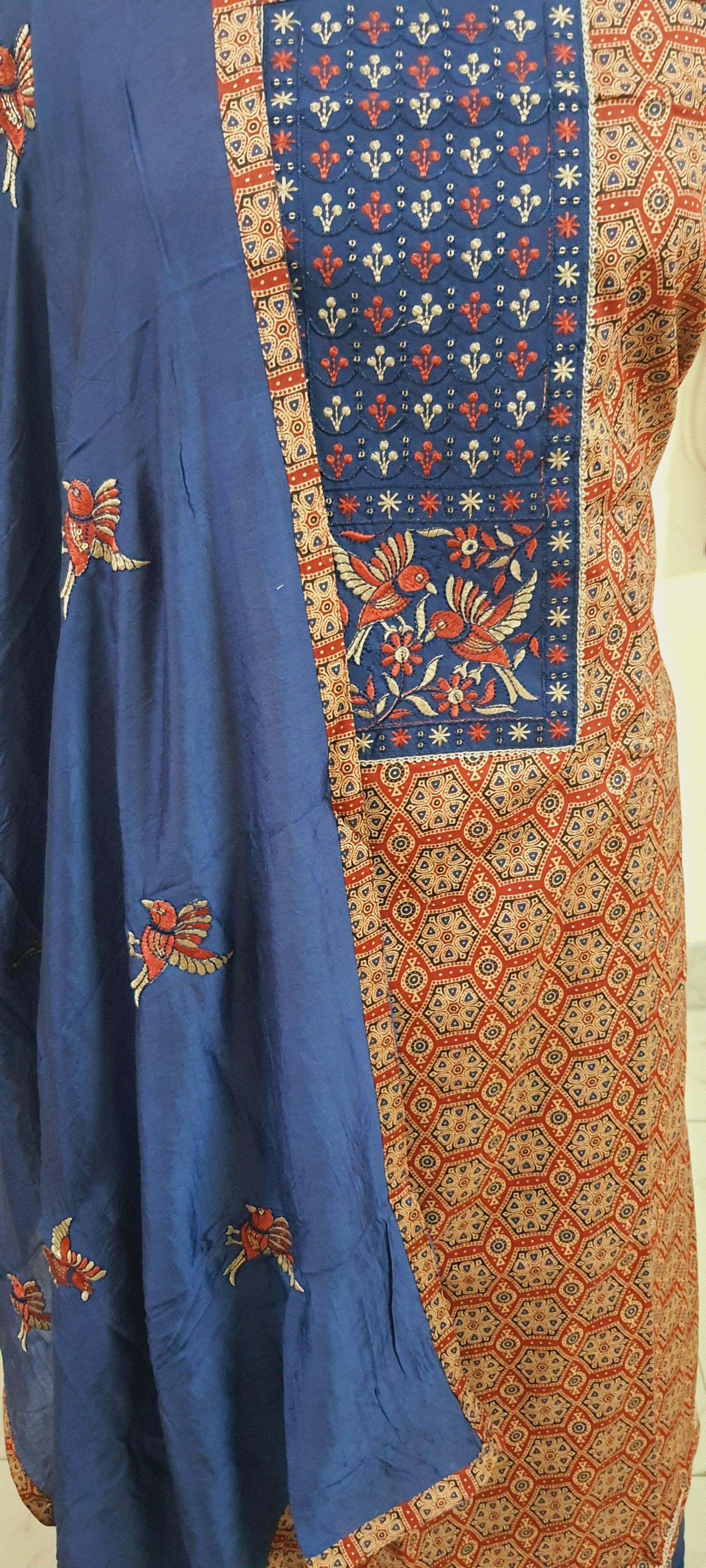 Ajrakh Printed Cotton Suit with Embroidered Dupatta EV15 - Ethnic's By Anvi Creations