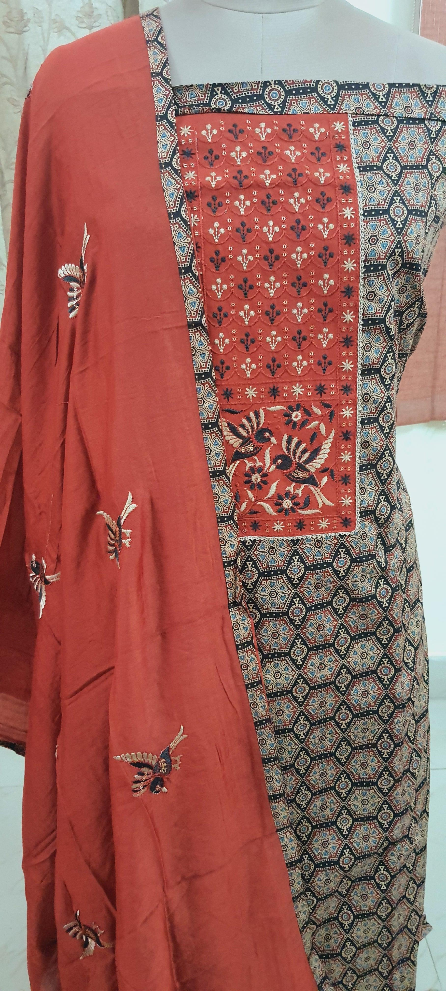 Ajrakh Printed Cotton Suit with Embroidered Dupatta EV16 - Ethnic's By Anvi Creations