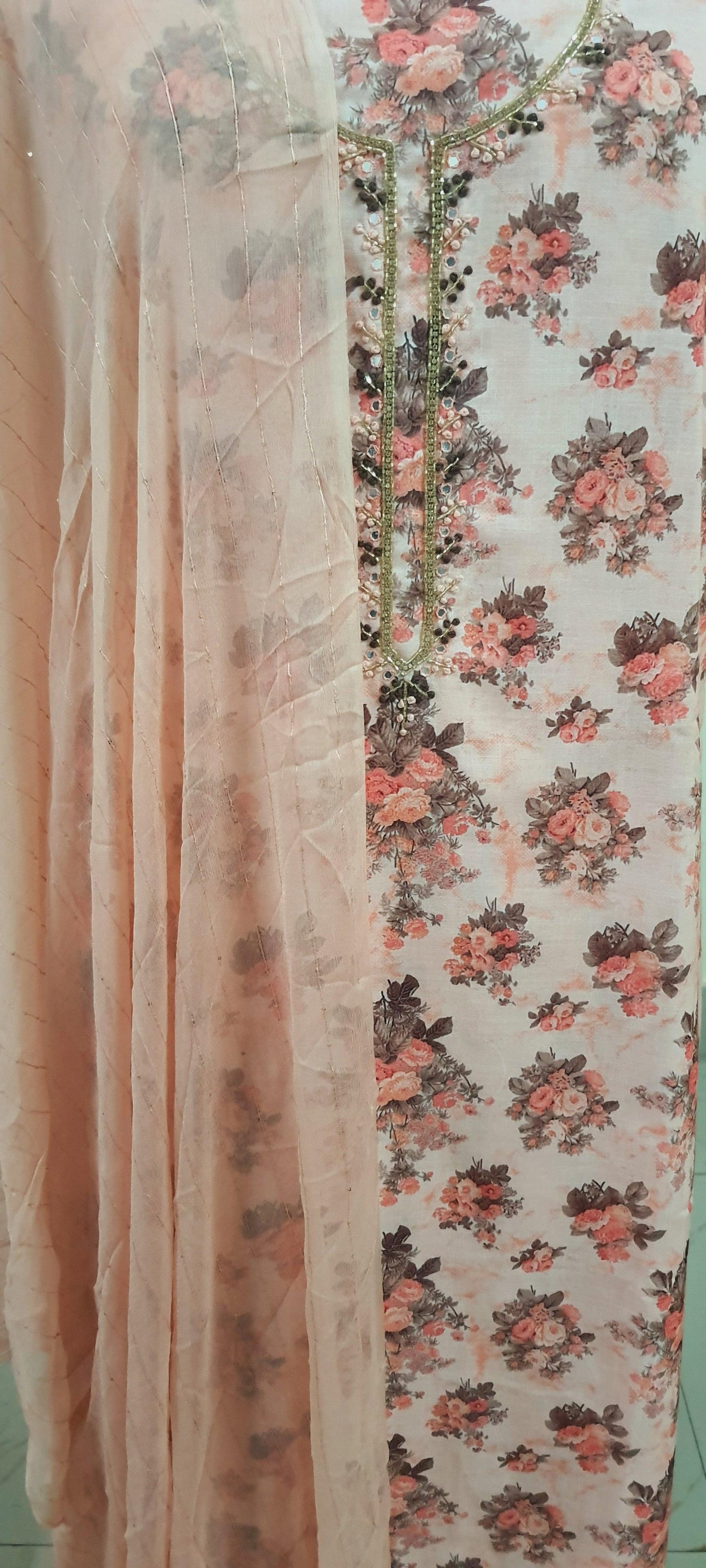 Peach Floral Printed Linen Cotton Suit EV17 - Ethnic's By Anvi Creations