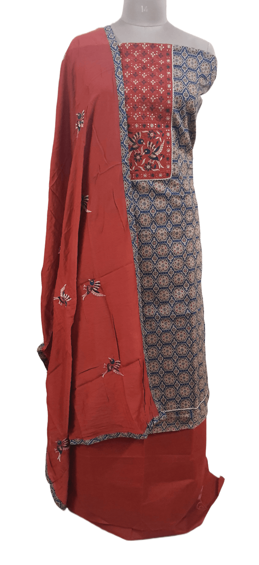 Ajrakh Printed Cotton Suit with Embroidered Dupatta EV18 - Ethnic's By Anvi Creations