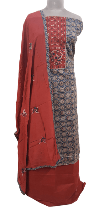 Ajrakh Printed Cotton Suit with Embroidered Dupatta EV18