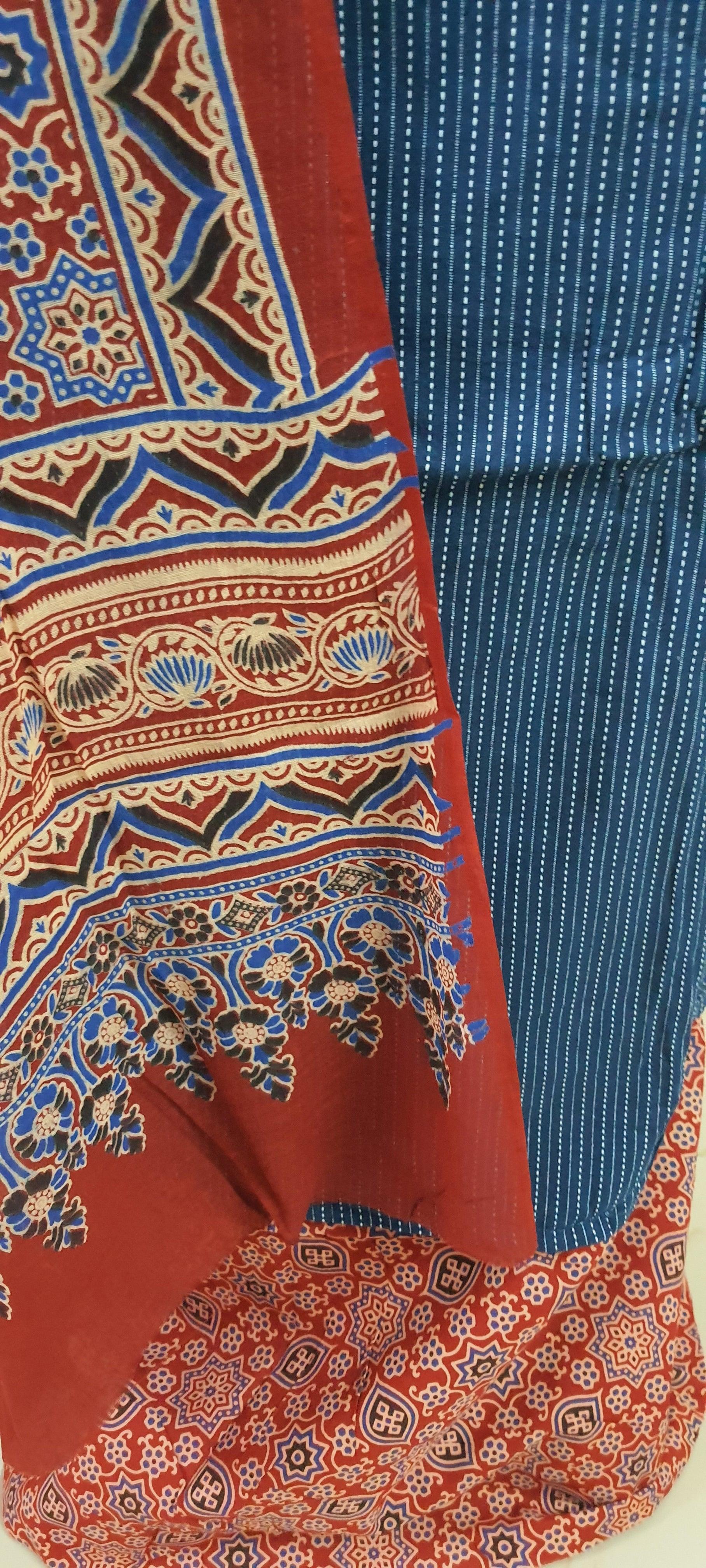 Cotton Kantha Kurta with Ajrakh Dupatta Suit EV22 - Ethnic's By Anvi Creations