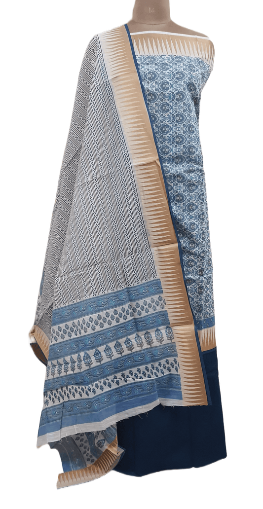 Light Blue Handloom Border Printed Cotton Suit EV23 - Ethnic's By Anvi Creations
