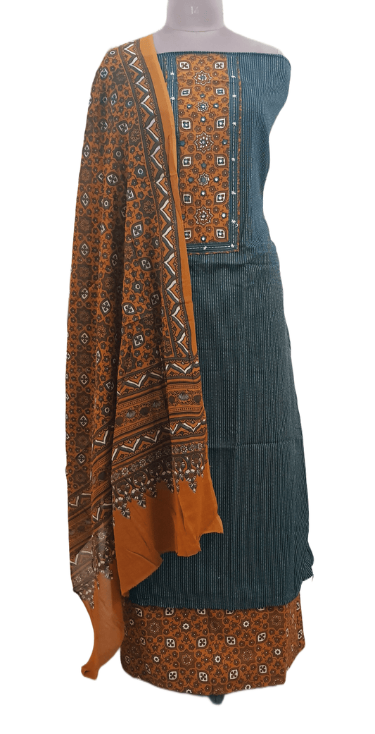 Cotton Kantha Kurta with Ajrakh Dupatta Suit EV26 - Ethnic's By Anvi Creations