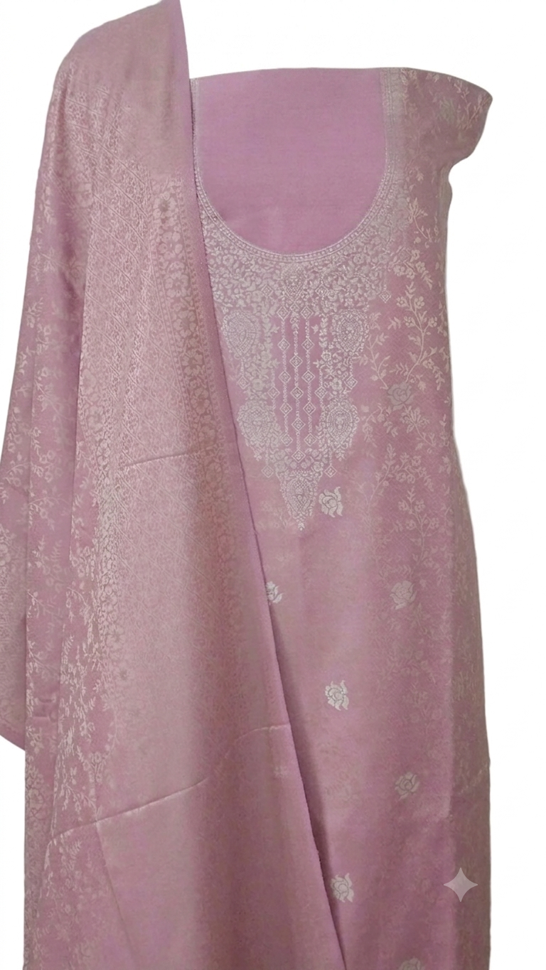 Baby Pink Jamawar Pashmina Weaving Winter Three Piece Dress Material Suit EVP1