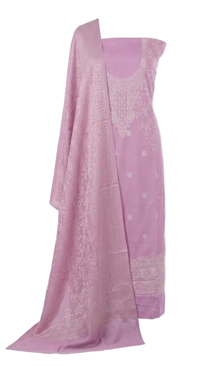 Baby Pink Jamawar Pashmina Weaving Winter Three Piece Dress Material Suit EVP1