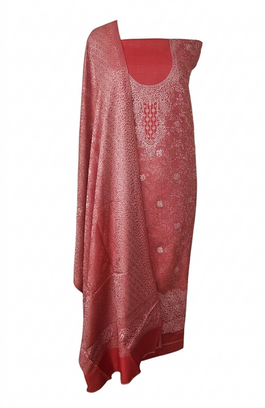Red Jamawar Pashmina Weaving Winter Three Piece Dress Material Suit EVP2