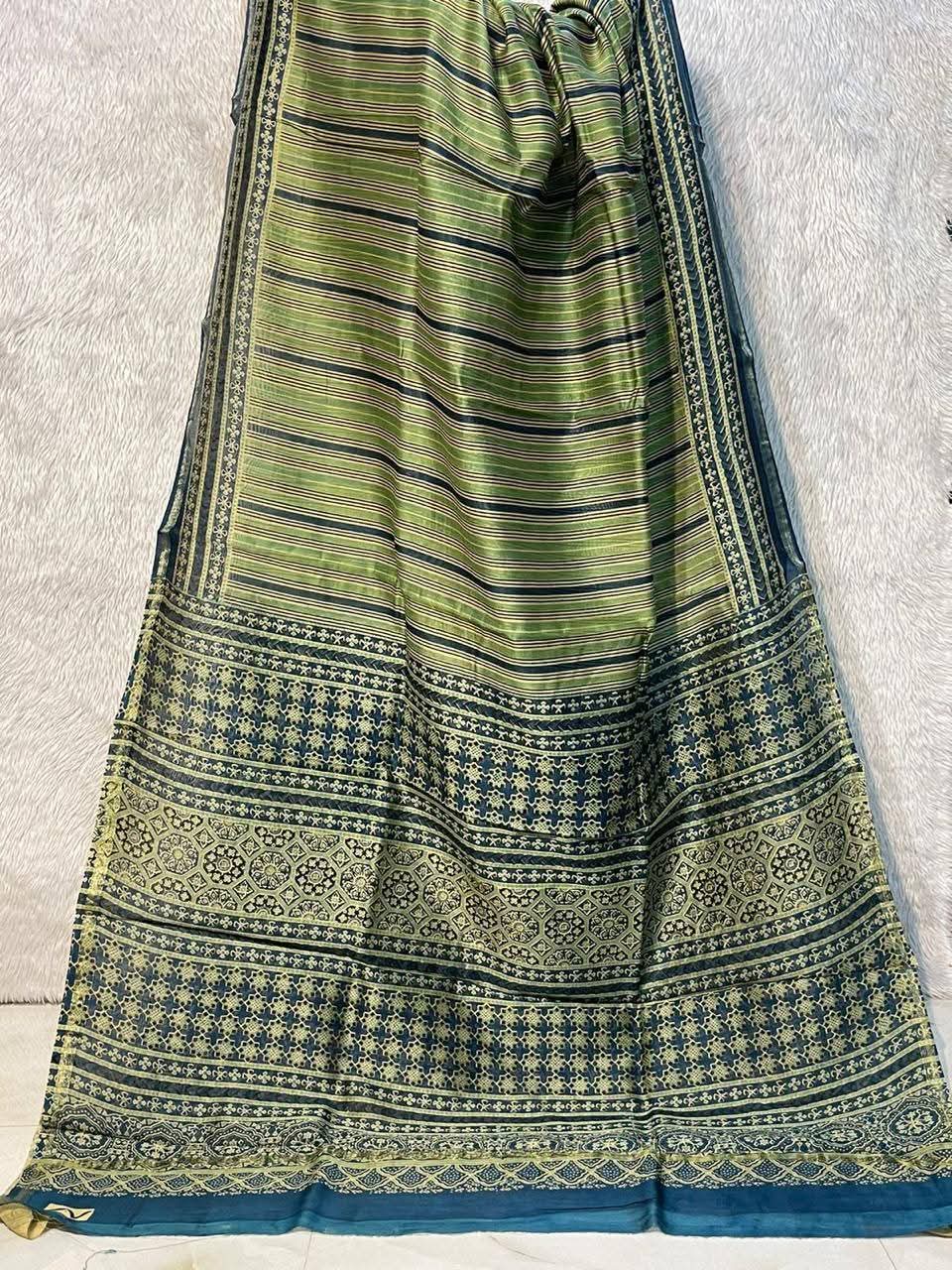 Mehndi Green Maheshwari Cotton Silk Hand Block Printed Saree PW39