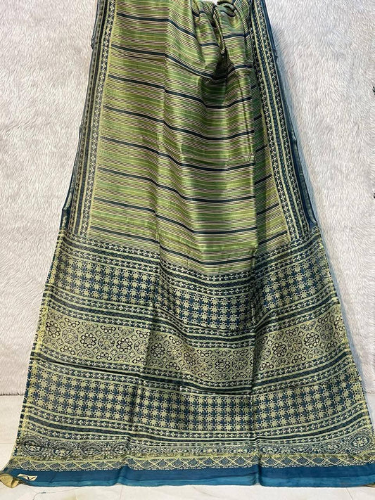 Mehndi Green Maheshwari Cotton Silk Hand Block Printed Saree PW39