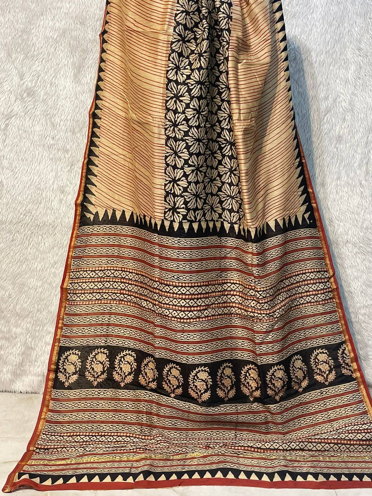 Beige Black striped Maheshwari Cotton Silk Hand Block Printed Saree PW36