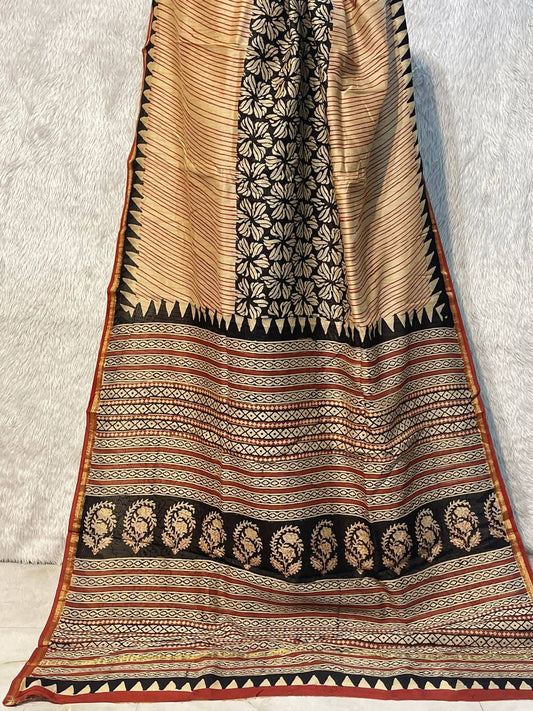 Beige Black striped Maheshwari Cotton Silk Hand Block Printed Saree PW36