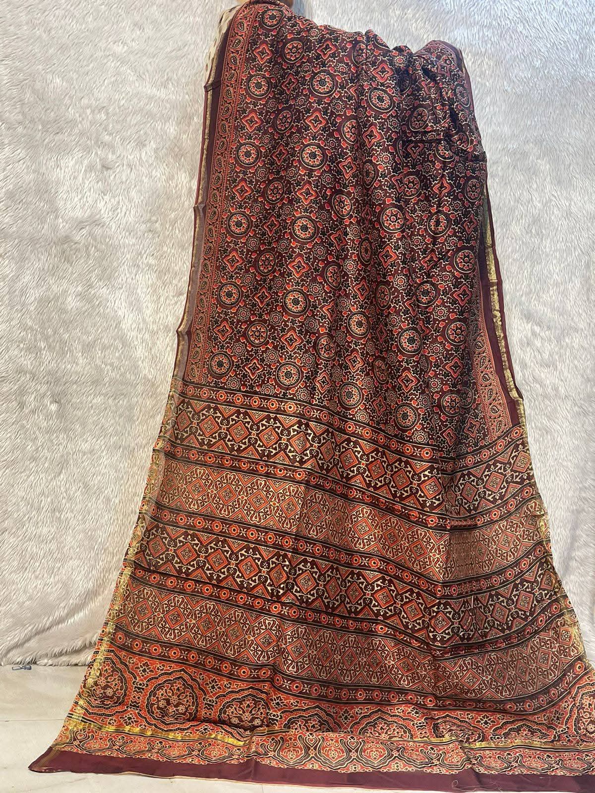 Maroon Maheshwari Cotton Silk Hand Block Printed Saree PW35