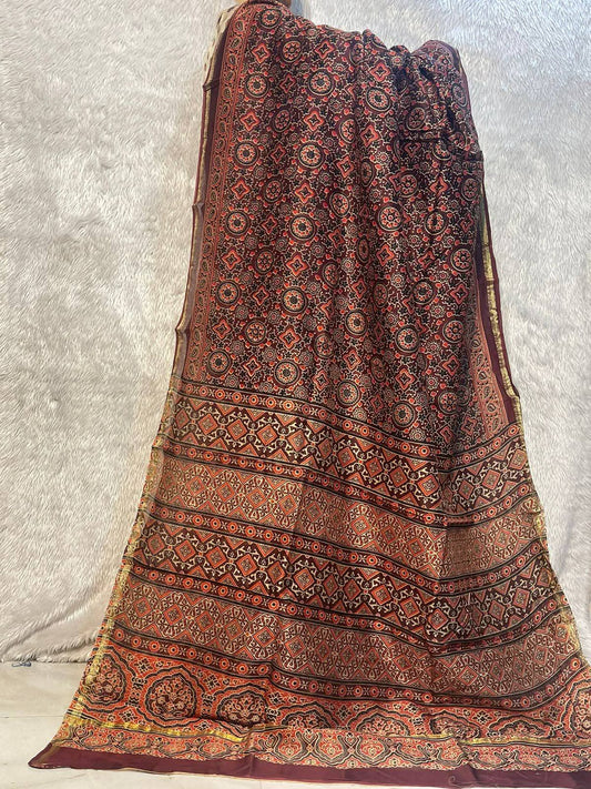 Maroon Maheshwari Cotton Silk Hand Block Printed Saree PW35