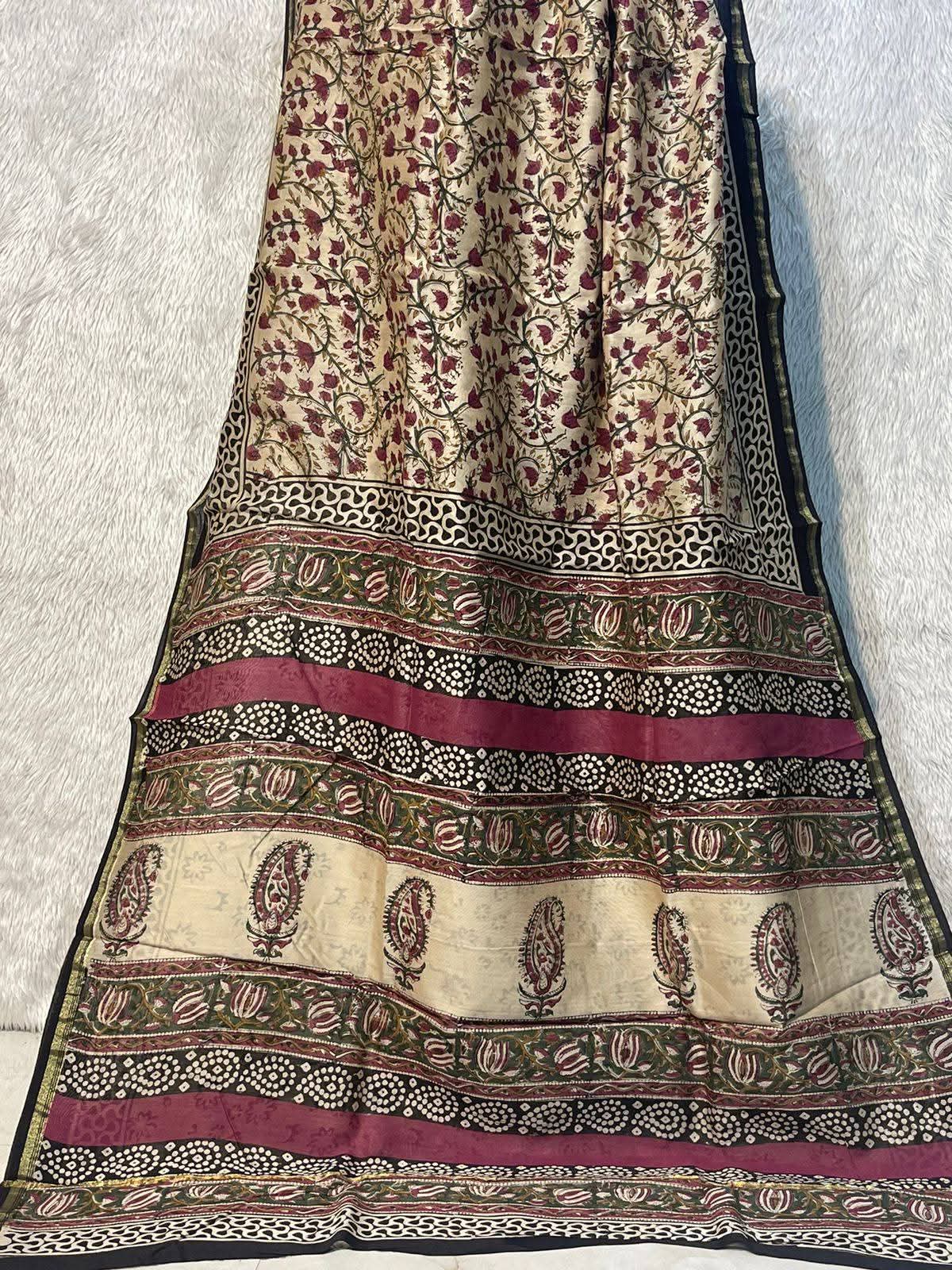Beige Maheshwari Cotton Silk Hand Block Printed Saree PW33