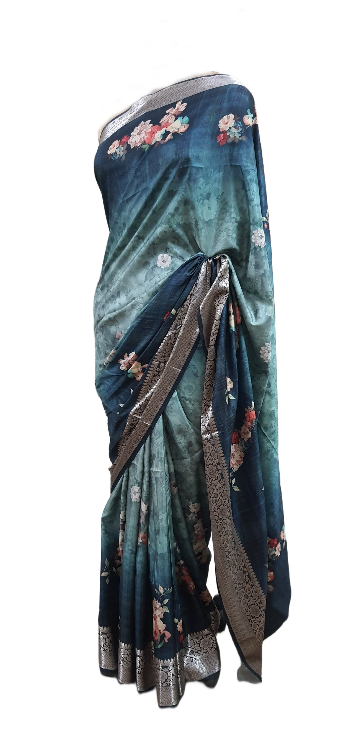 Digital Printed Bottle Green Soft Silk saree