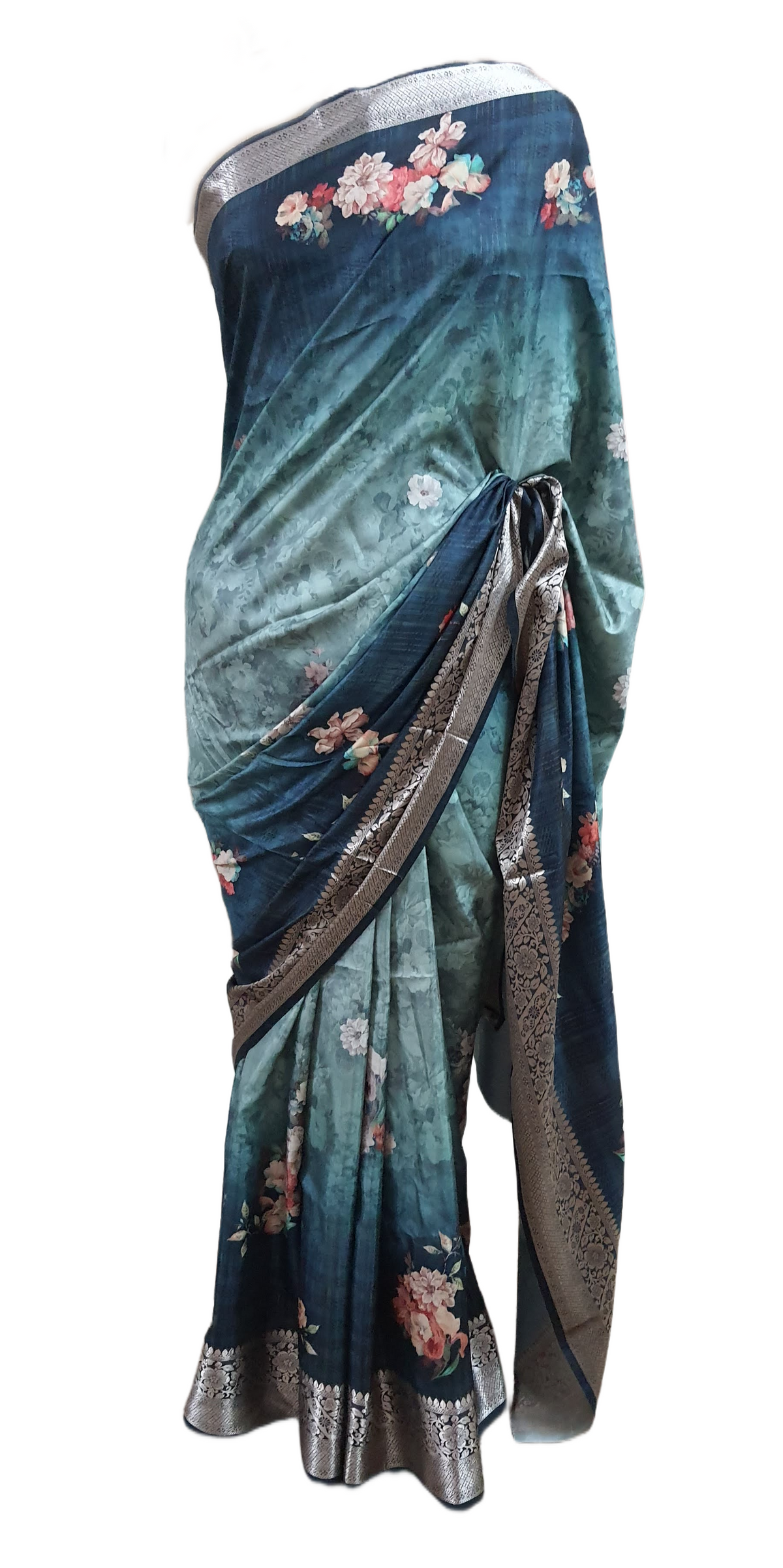 Digital Printed Bottle Green Soft Silk saree