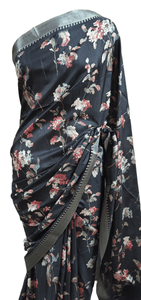 Black Printed Tussar Silk Saree