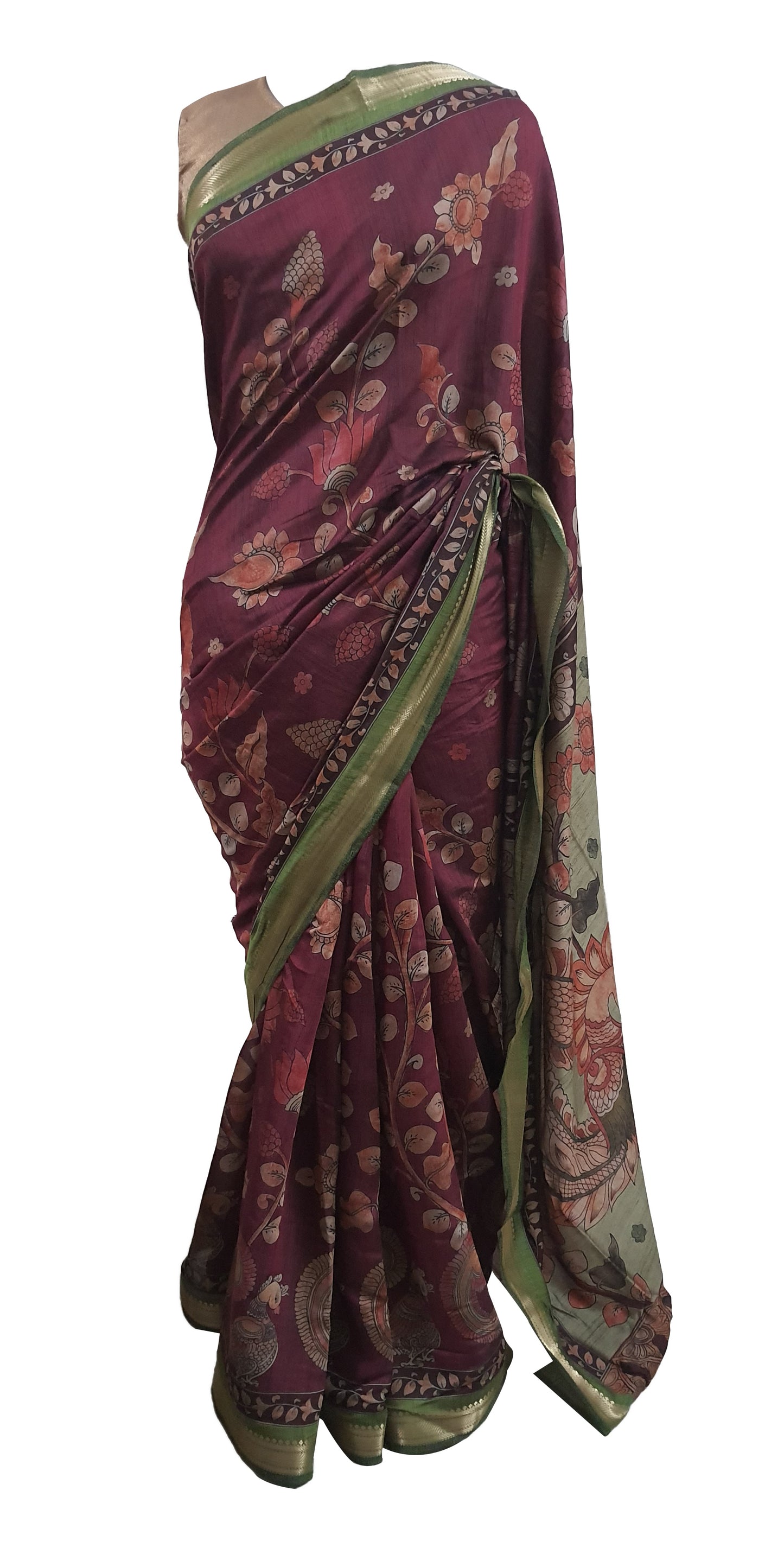 Maroonish Pink Maheshwari Kalamkari Print Soft Silk Saree GKM01