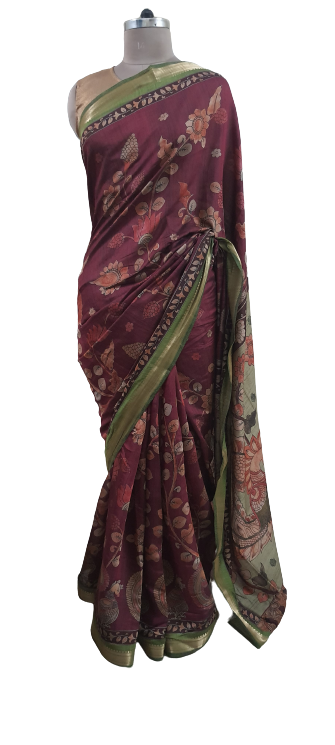 Maroonish Pink Maheshwari Kalamkari Print Soft Silk Saree GKM01