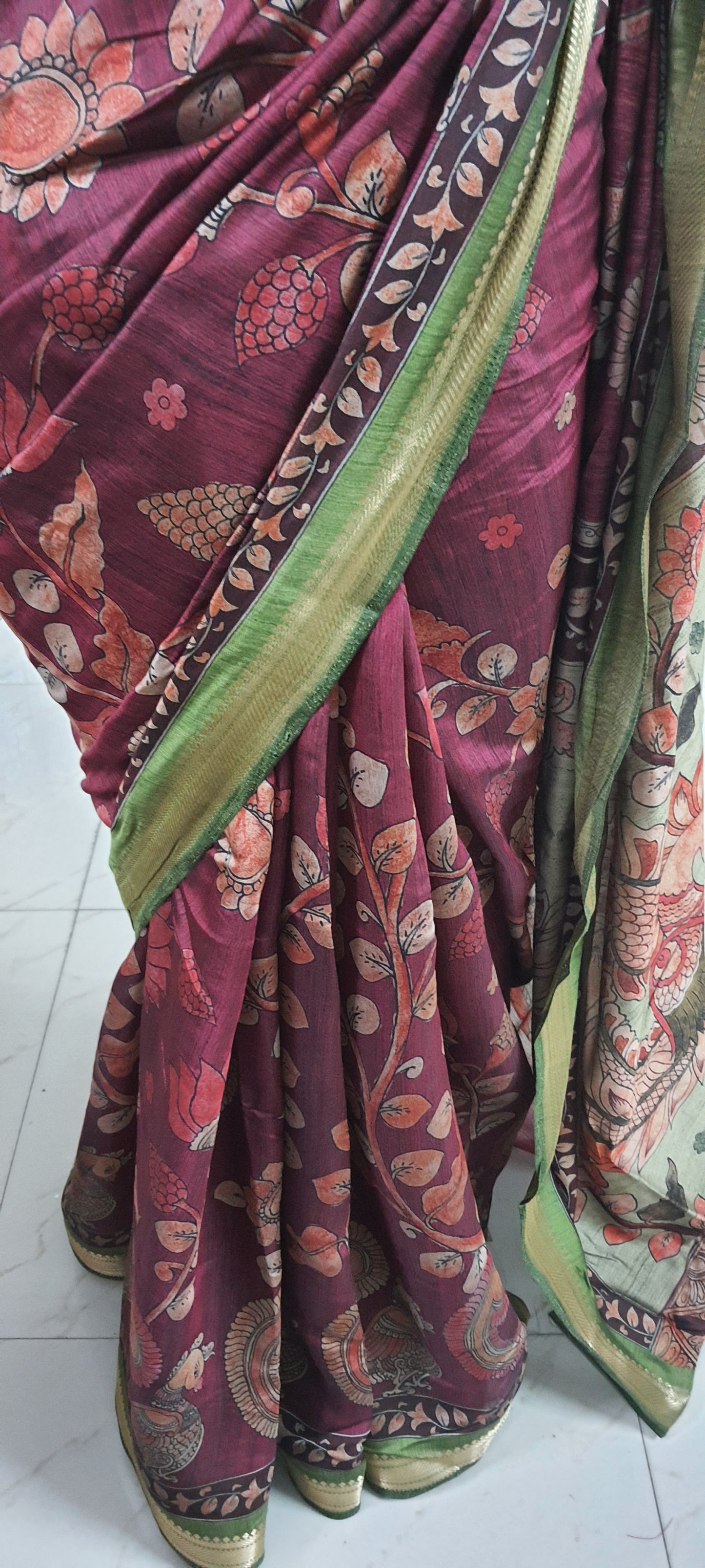 Maroonish Pink Maheshwari Kalamkari Print Soft Silk Saree GKM01