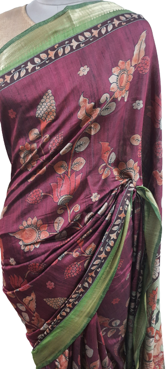 Maroonish Pink Maheshwari Kalamkari Print Soft Silk Saree GKM01