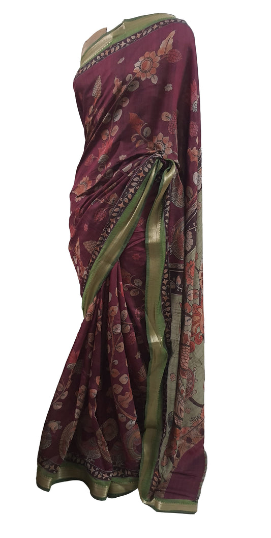 Maroonish Pink Maheshwari Kalamkari Print Soft Silk Saree GKM01