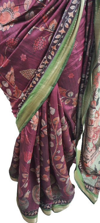 Maroonish Pink Maheshwari Kalamkari Print Soft Silk Saree GKM01