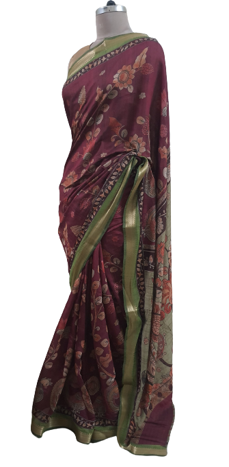 Maroonish Pink Maheshwari Kalamkari Print Soft Silk Saree GKM01