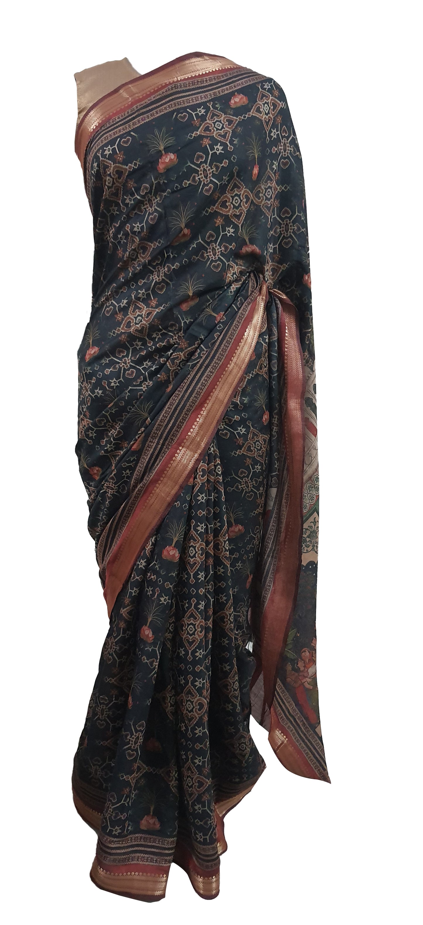 Black Maheshwari Kalamkari Print Soft Silk Saree GKM02