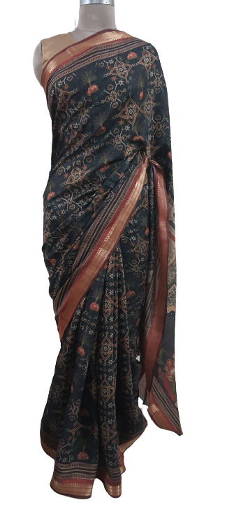 Black Maheshwari Kalamkari Print Soft Silk Saree GKM02