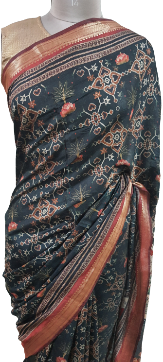 Black Maheshwari Kalamkari Print Soft Silk Saree GKM02