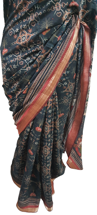 Black Maheshwari Kalamkari Print Soft Silk Saree GKM02