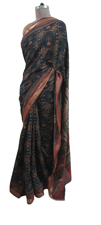 Black Maheshwari Kalamkari Print Soft Silk Saree GKM02