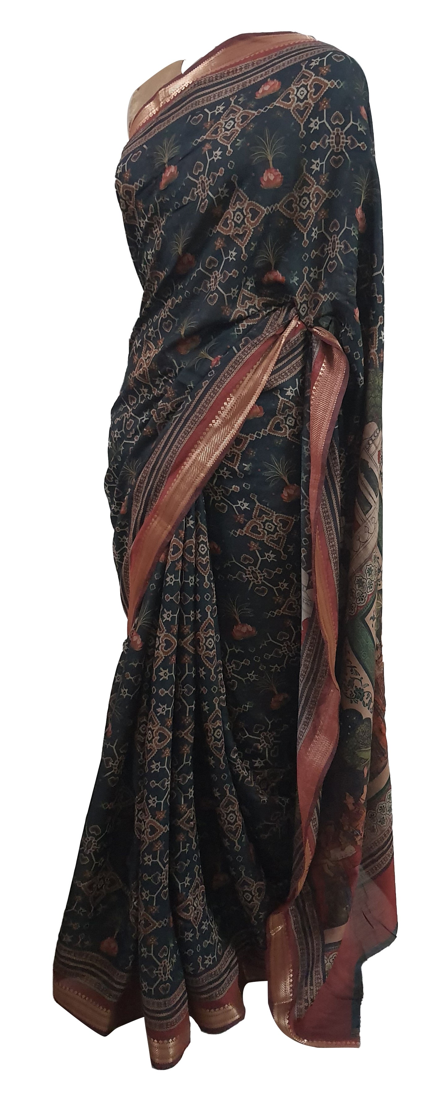 Black Maheshwari Kalamkari Print Soft Silk Saree GKM02