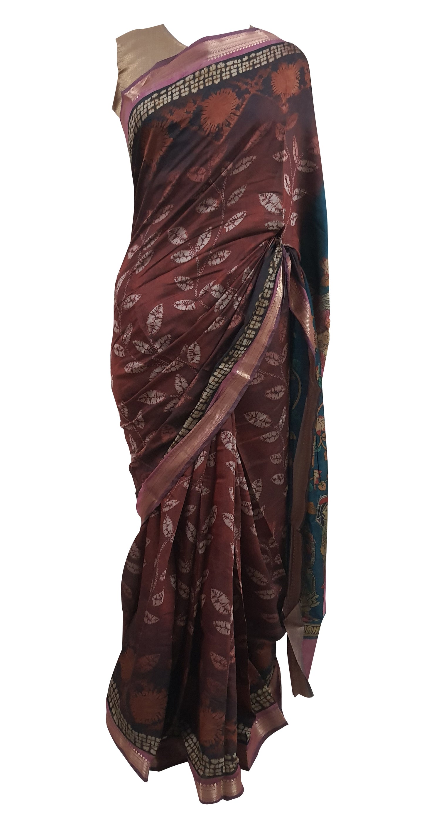 Rust Orange Maheshwari Kalamkari Print Soft Silk Saree GKM03