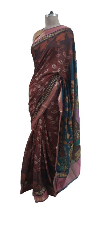 Rust Orange Maheshwari Kalamkari Print Soft Silk Saree GKM03