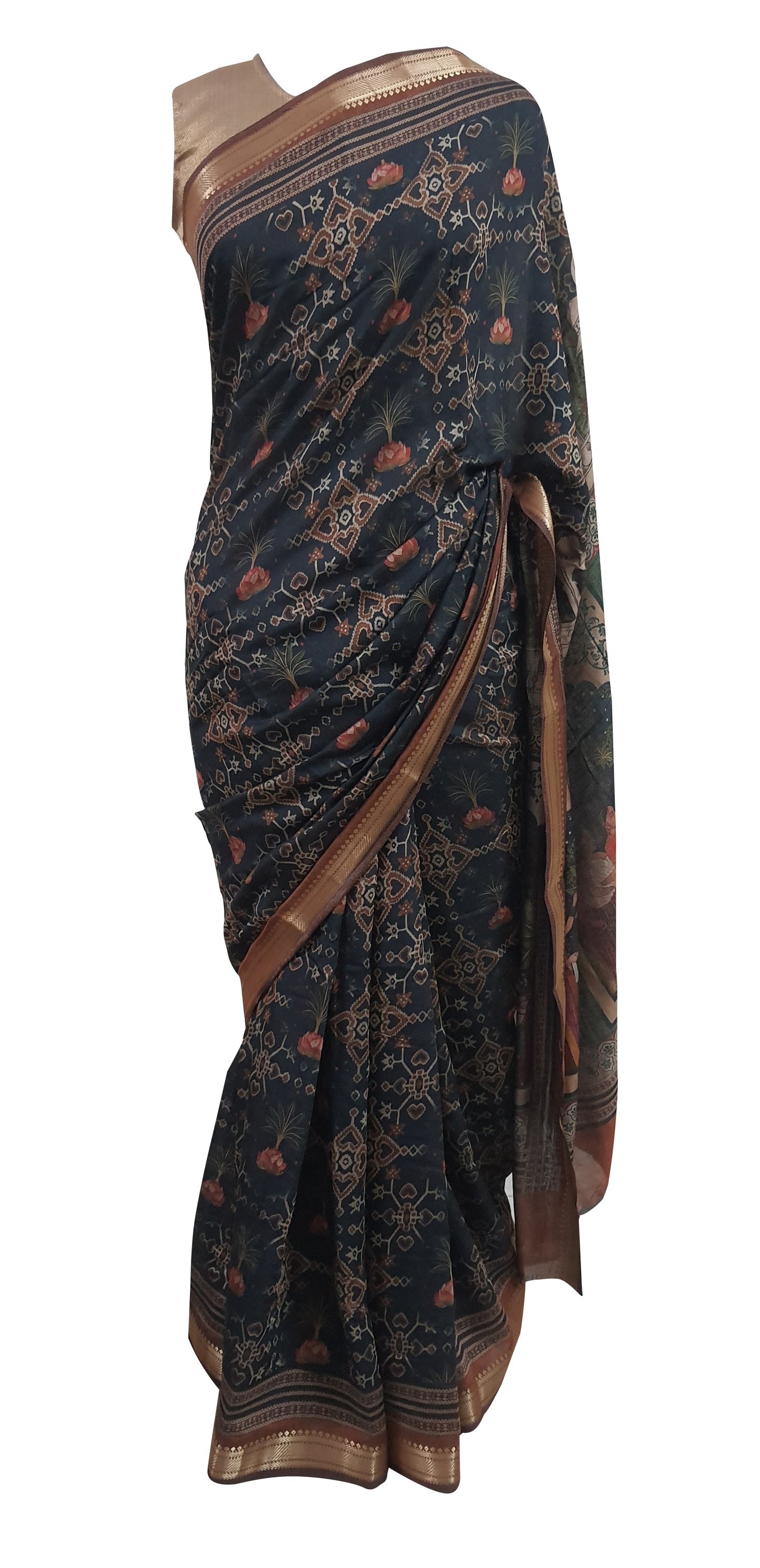 Black Maheshwari Kalamkari Print Soft Silk Saree GKM04