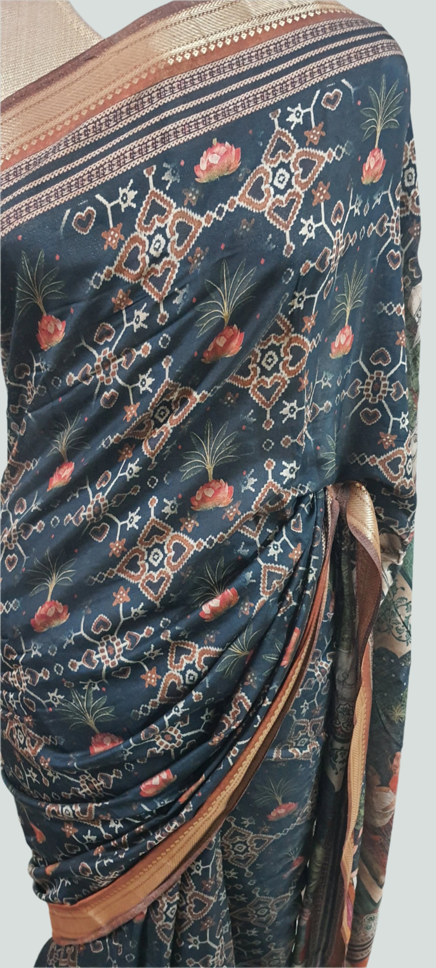 Black Maheshwari Kalamkari Print Soft Silk Saree GKM04