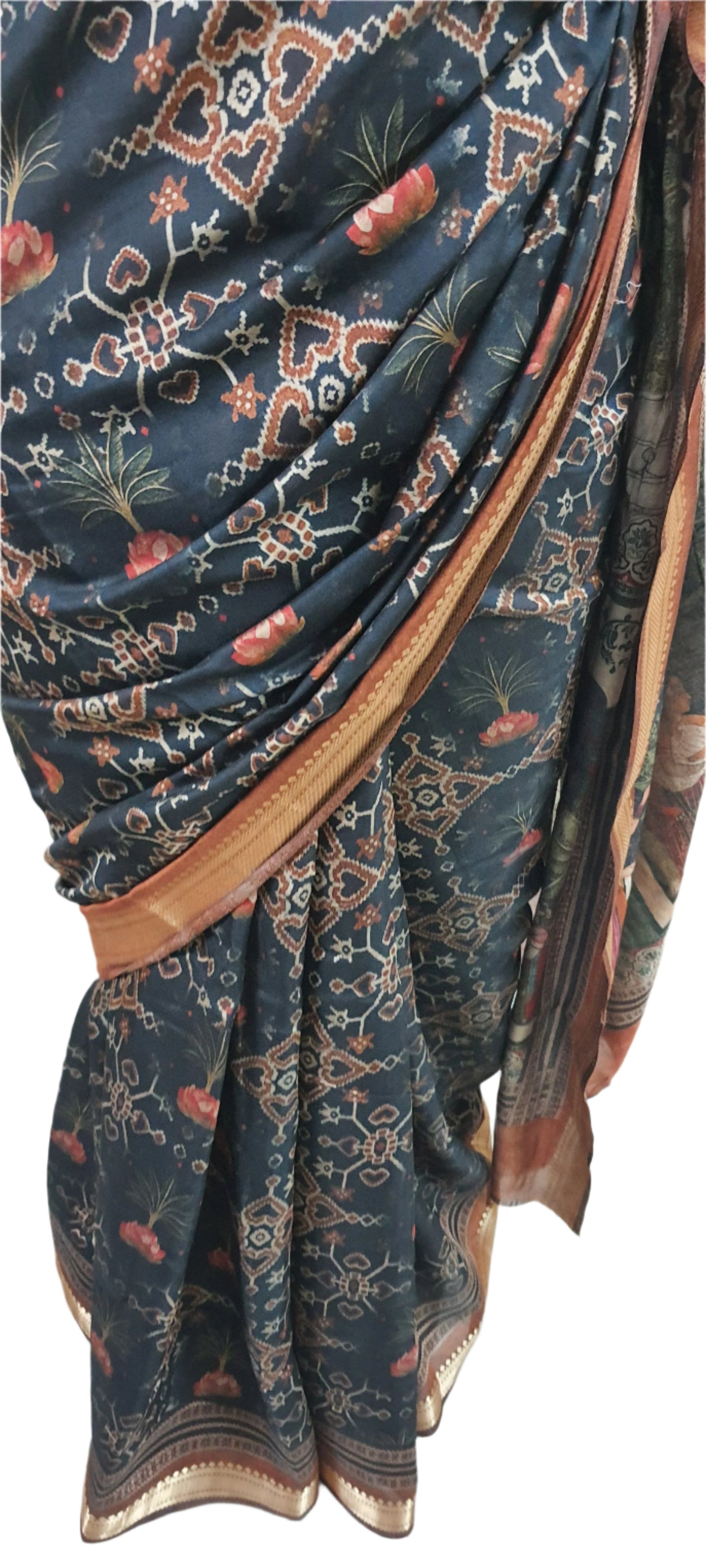 Black Maheshwari Kalamkari Print Soft Silk Saree GKM04