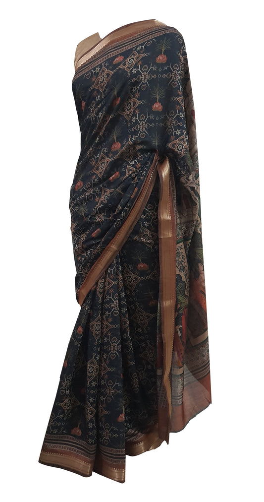 Black Maheshwari Kalamkari Print Soft Silk Saree GKM04