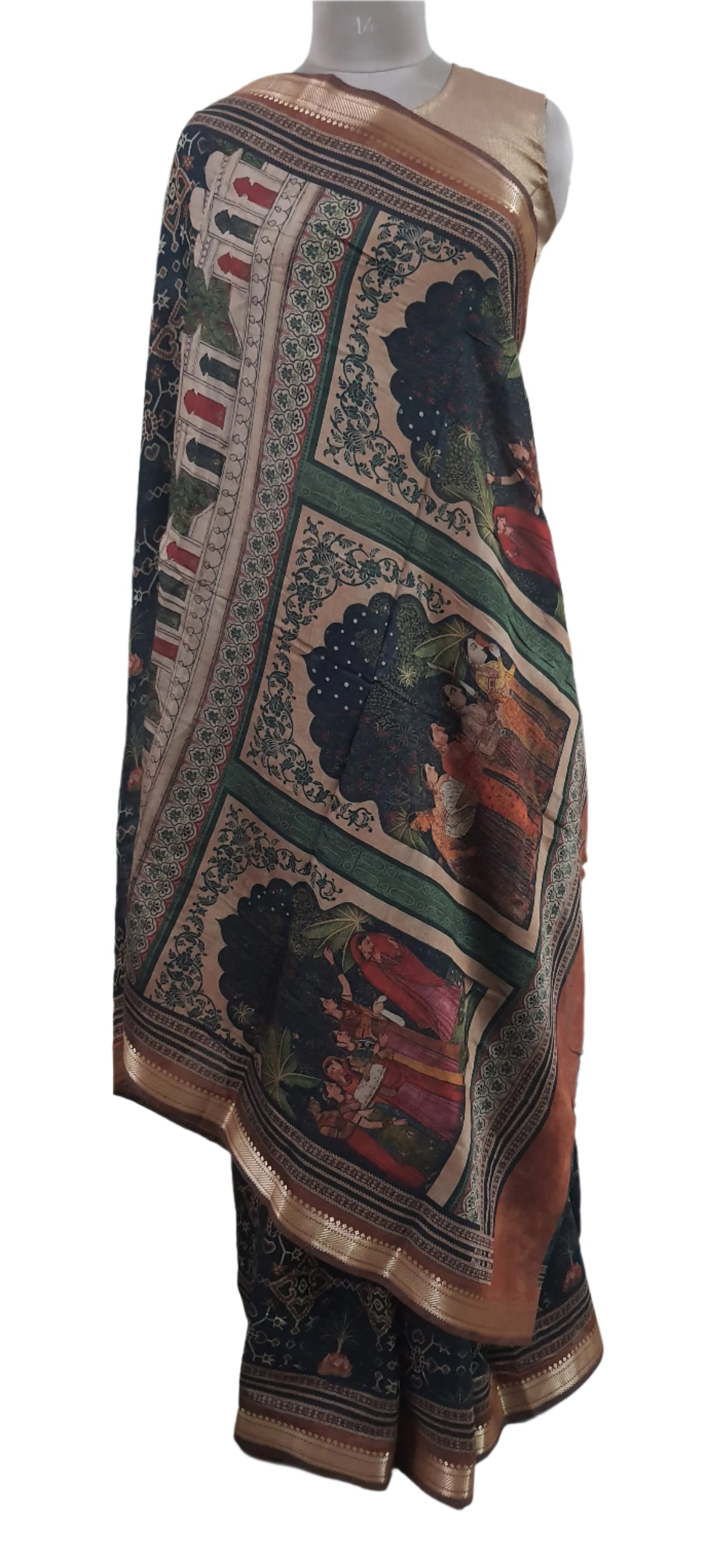 Black Maheshwari Kalamkari Print Soft Silk Saree GKM04