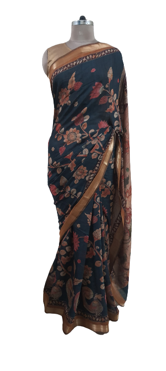 Ink Black Maheshwari Kalamkari Print Soft Silk Saree GKM05