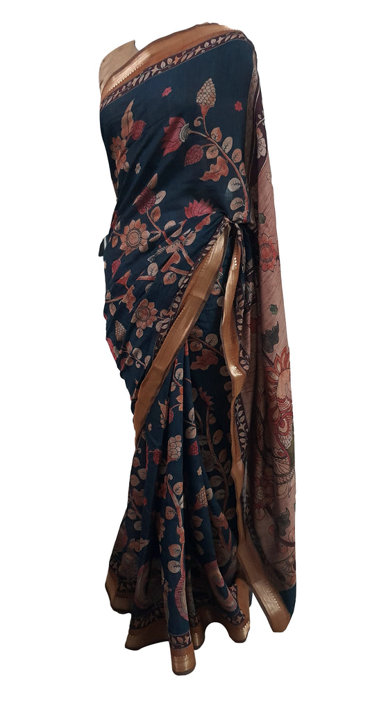 Ink Black Maheshwari Kalamkari Print Soft Silk Saree GKM05